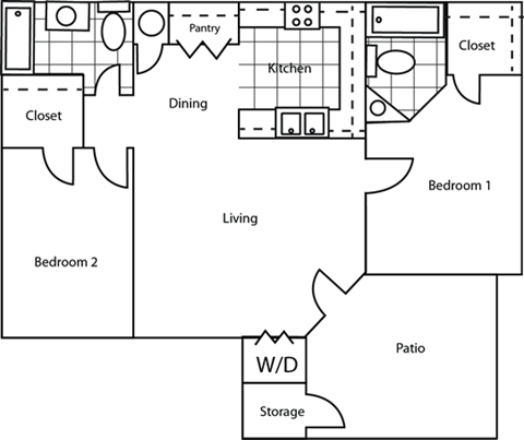 A floor plan of a house with two bedrooms, a living room, a kitchen, a pantry, a dining area, a closet, and a patio with a storage area.